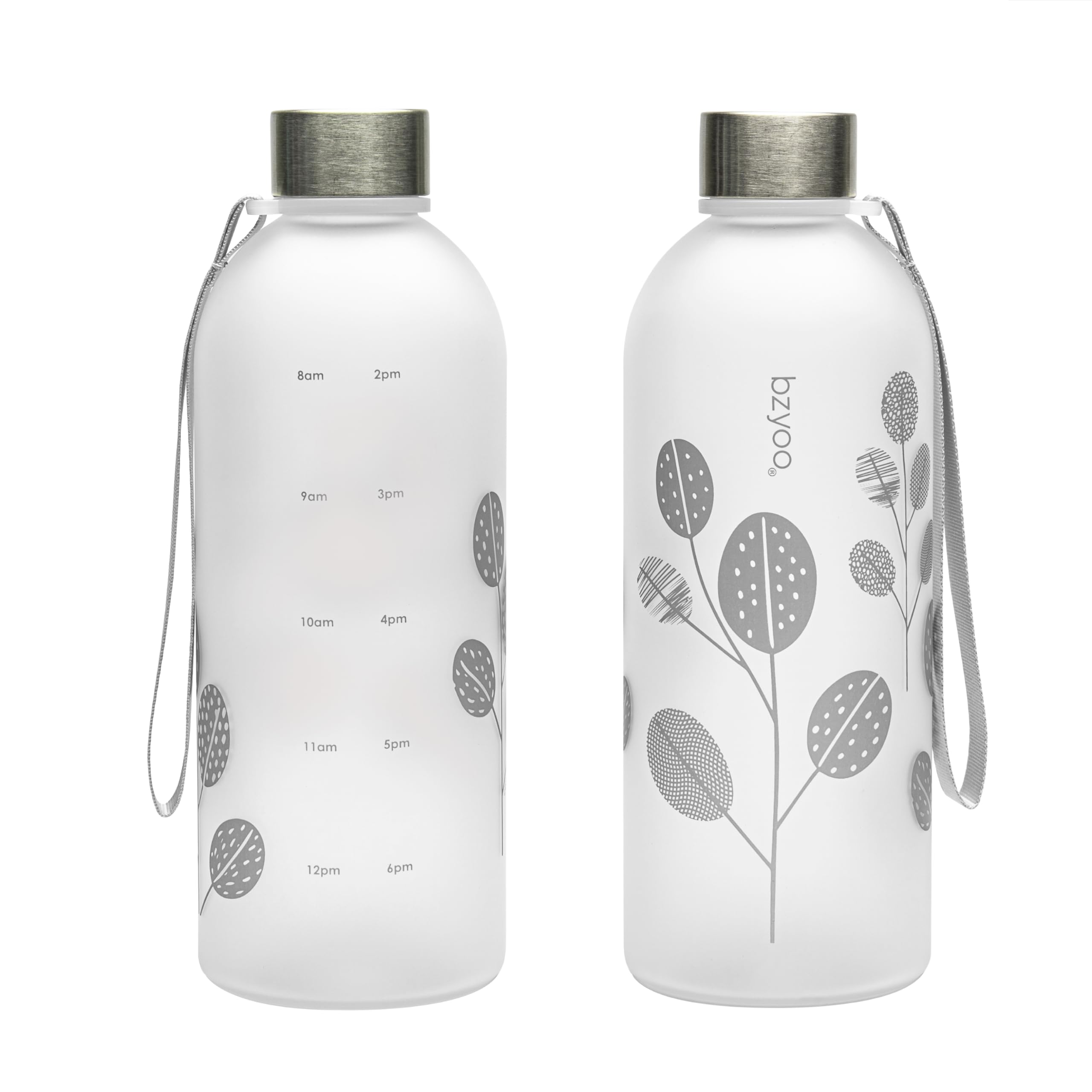 bzyoo 32 OZ 1 Liter Time Marker Water Bottle Frosted Durable Plastic With Strap - Reusable Clear Bottle With Times To Drink Time Markings For Daily Hydration Intake BPA Free (Silver)
