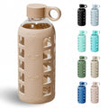 purifyou 40oz / 32oz / 22oz / 12oz Borosilicate Glass Water Bottle with Time & Volume Markers, Silicone Sleeve, Stainless Steel Lid | Reusable Glass Bottle for Water & Juice (32oz Jet Black)
