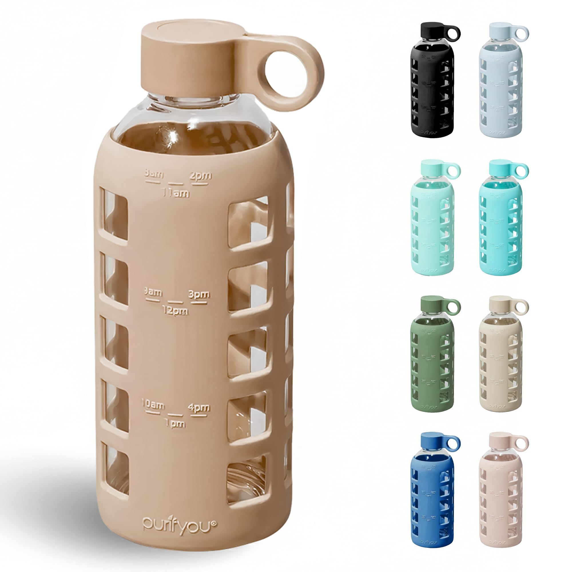 purifyou 40oz / 32oz / 22oz / 12oz Borosilicate Glass Water Bottle with Time & Volume Markers, Silicone Sleeve, Stainless Steel Lid | Reusable Glass Bottle for Water & Juice (32oz Jet Black)