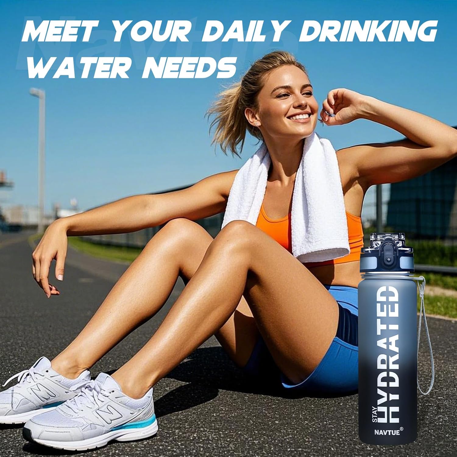 Water Bottle, 16.9 OZ Sports Water Bottles with Time Marker Wide Mouth, Motivational and Leakproof Drink Bottle, BPA Free Tritan with Carry Strap for Gym Fitness Outdoor(1 Bottle)
