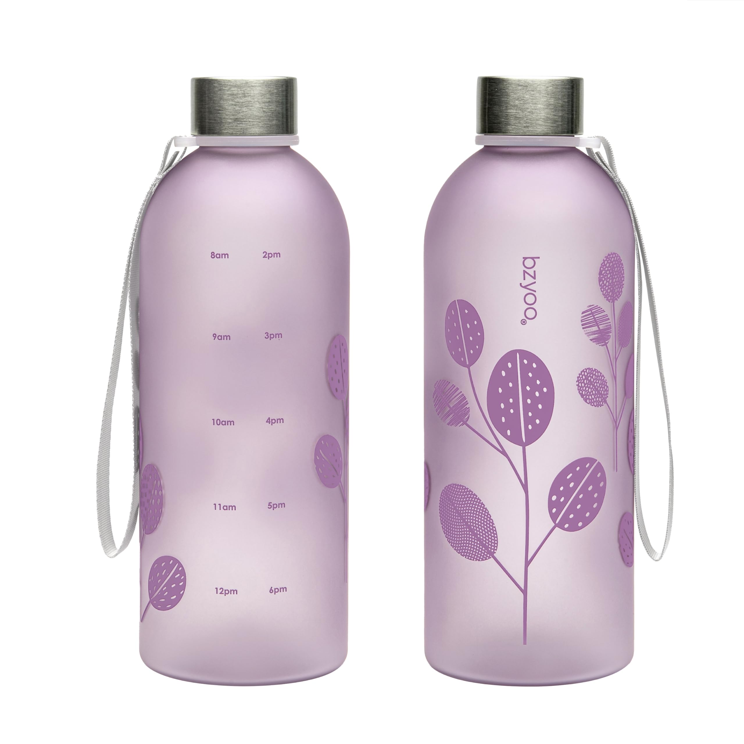 bzyoo 32 OZ 1 Liter Time Marker Water Bottle Frosted Durable Plastic With Strap - Reusable Clear Bottle With Times To Drink Time Markings For Daily Hydration Intake BPA Free (Silver)