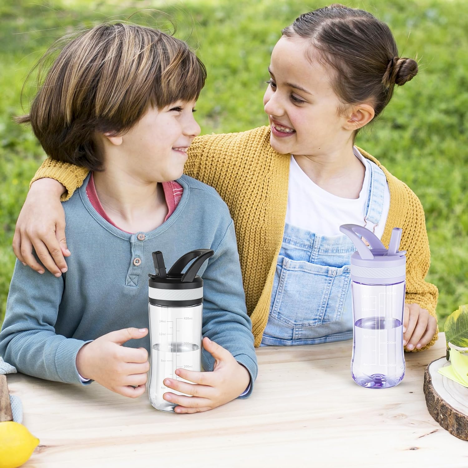 Water Bottle Kids 14oz Flip with Straw Carry Handle, Leakproof, Reusable, Tritan, BPA Free, Suitable for Boys and Girls, Clear